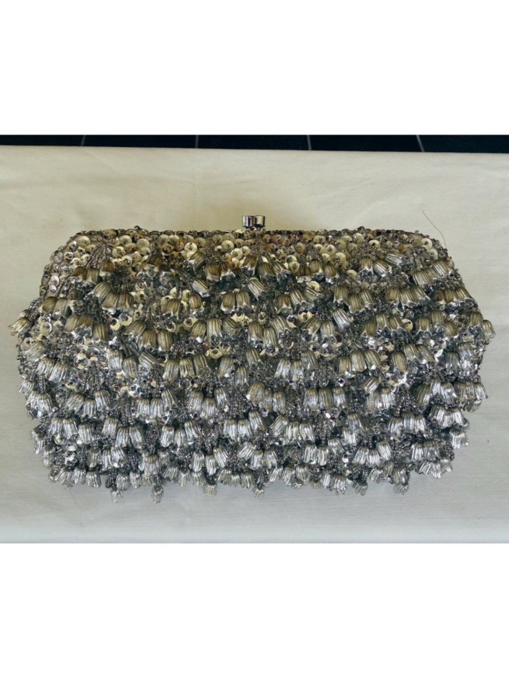 Vtg 50s Evening Bag with Dangling Tulip Beads - Silver
